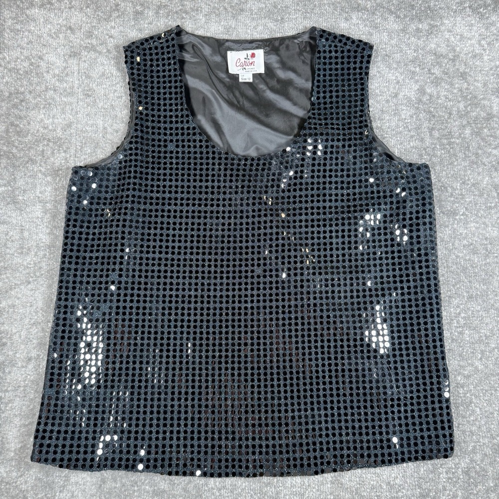 Vintage 80s Black Sequin Sleeveless Top Women's 12 Lined Rave‎ Club USA Made